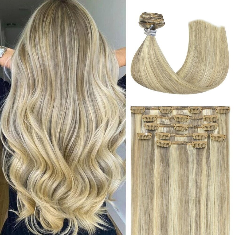 Blonde Hair Extensions Clip In Balayage Human Hair Straight 15 Inch 70g